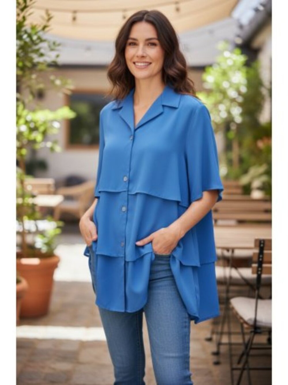 APART Turquoise Blue Tiered Button Front Short Sleeve Tunic Blouse Ladies 14